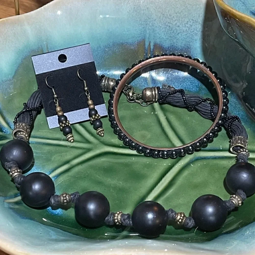 Matte Black Handcrafted Necklace & Earrings + Bangle
